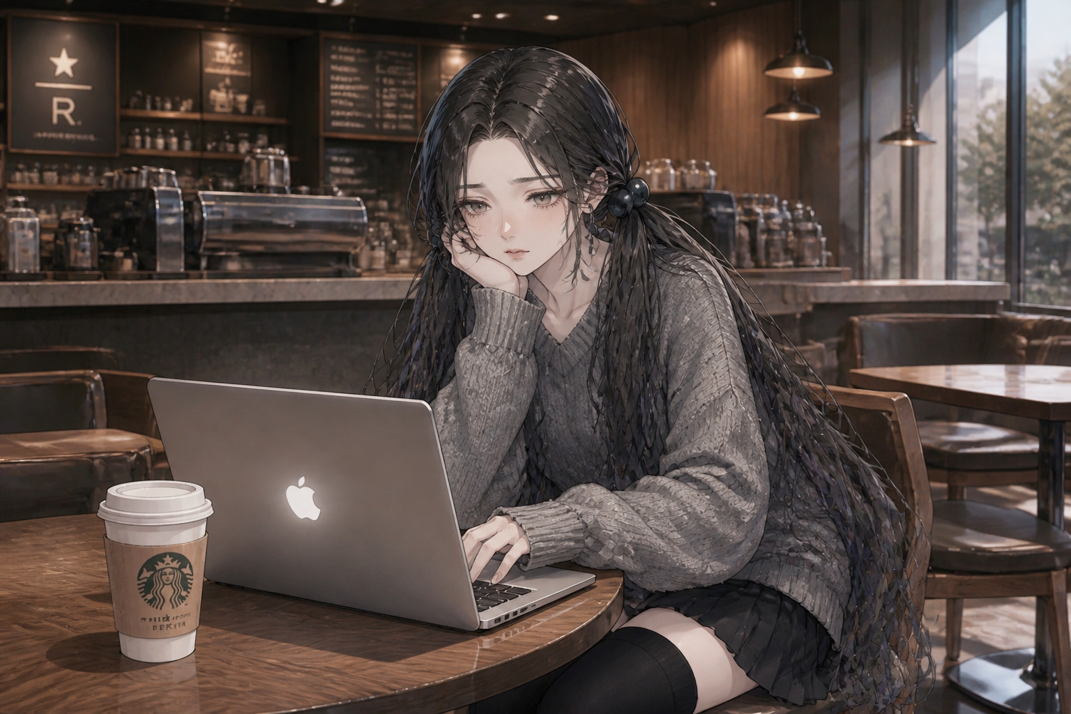 A. 턱을 괴고