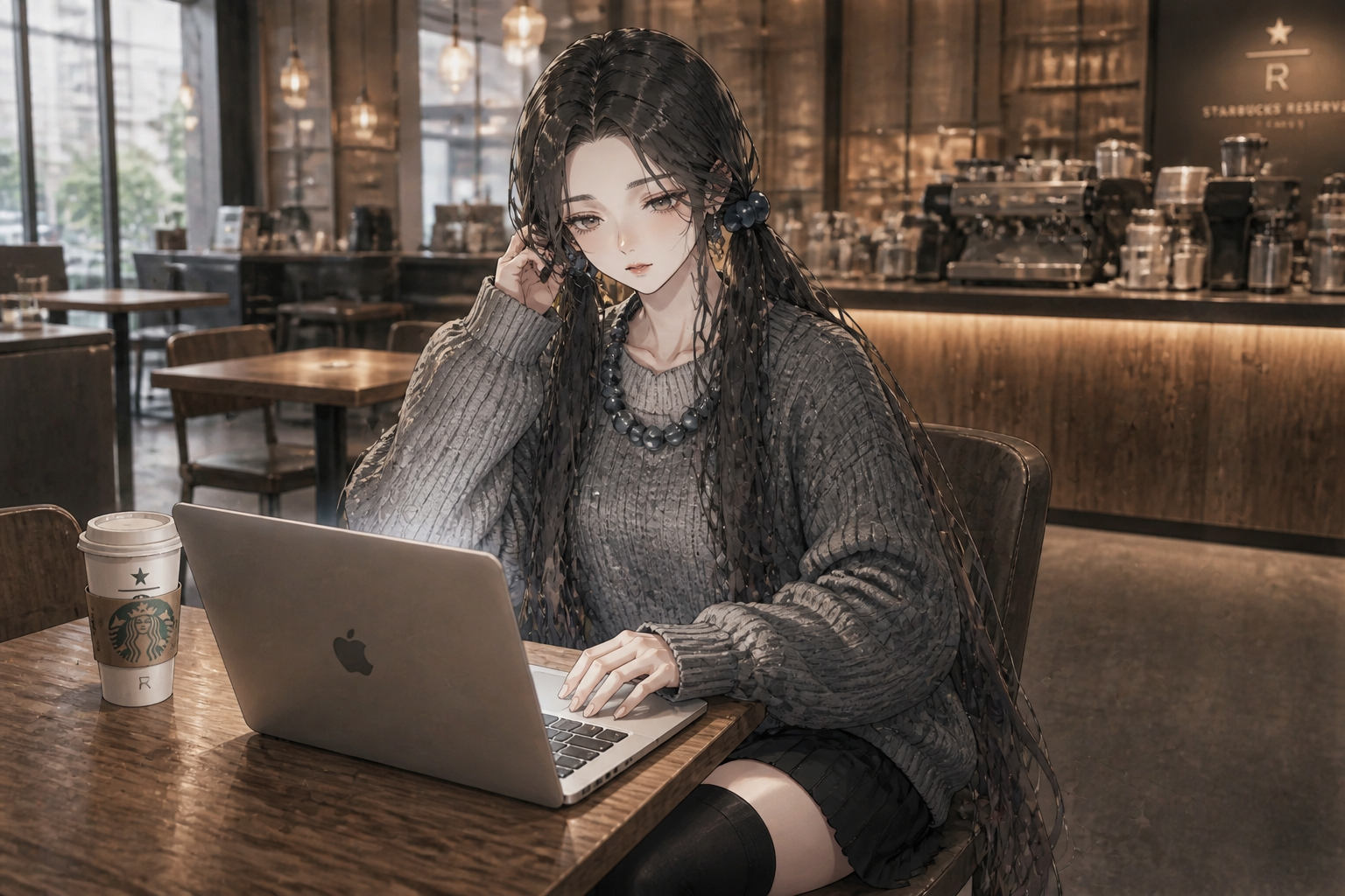 C. 머리카락 매만지며
