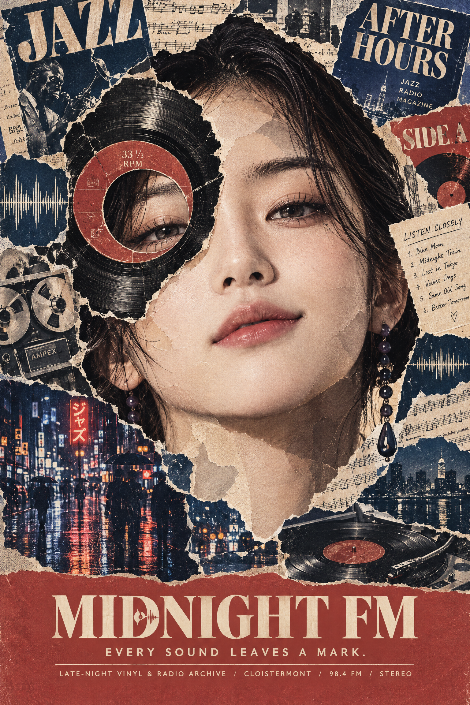 v2 MIDNIGHT FM 바이닐 레코드 콜라주 포스터