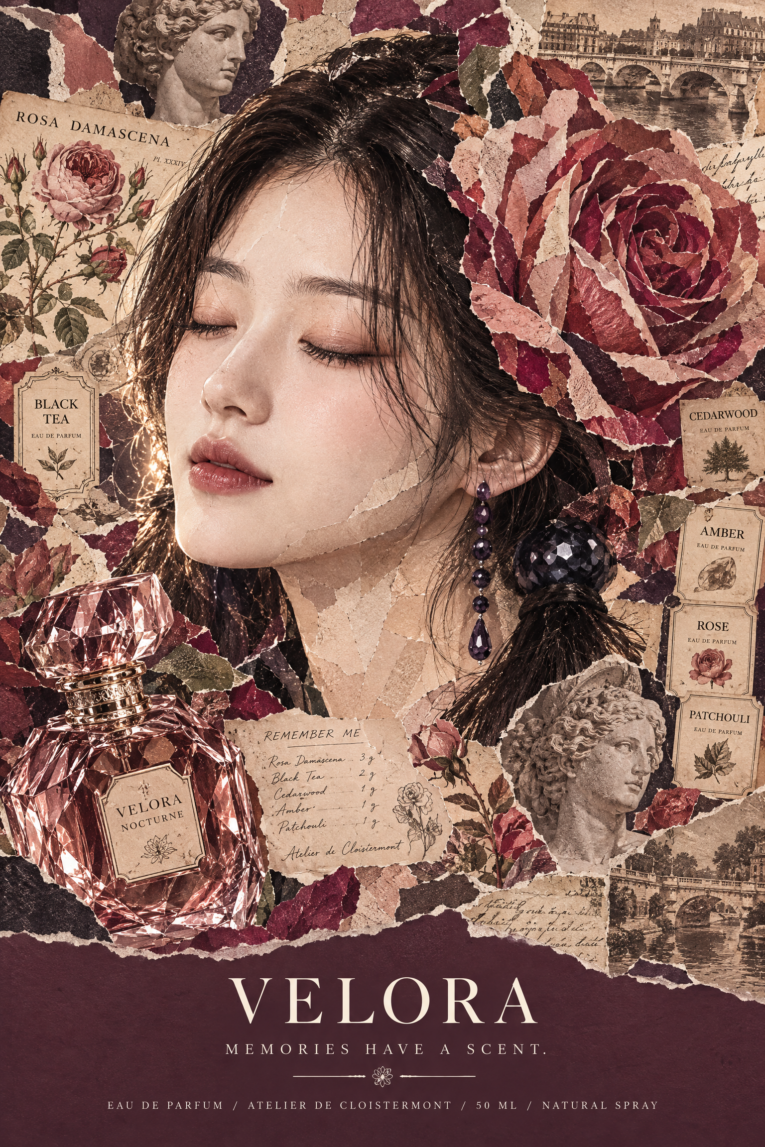 v3 VELORA 다마스크 로즈와 향수 콜라주 포스터