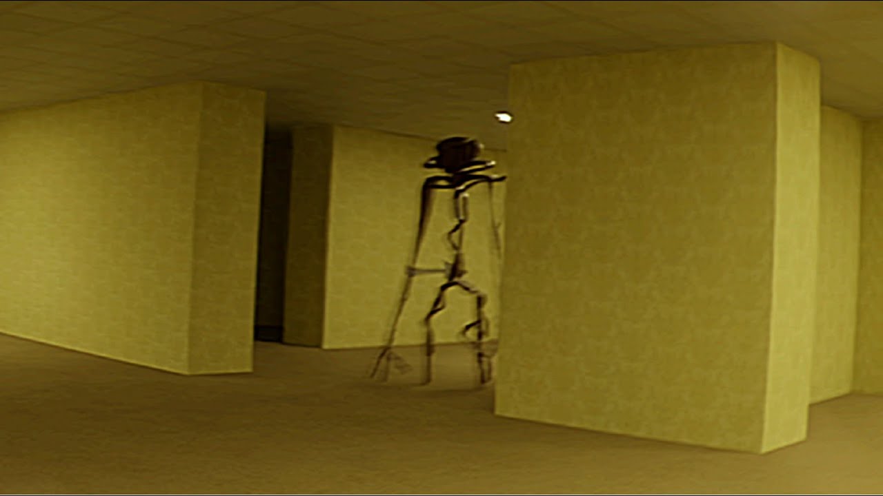 낮은 해상도의 카메라로 촬영된 듯한 노란 Backrooms 3D 공간