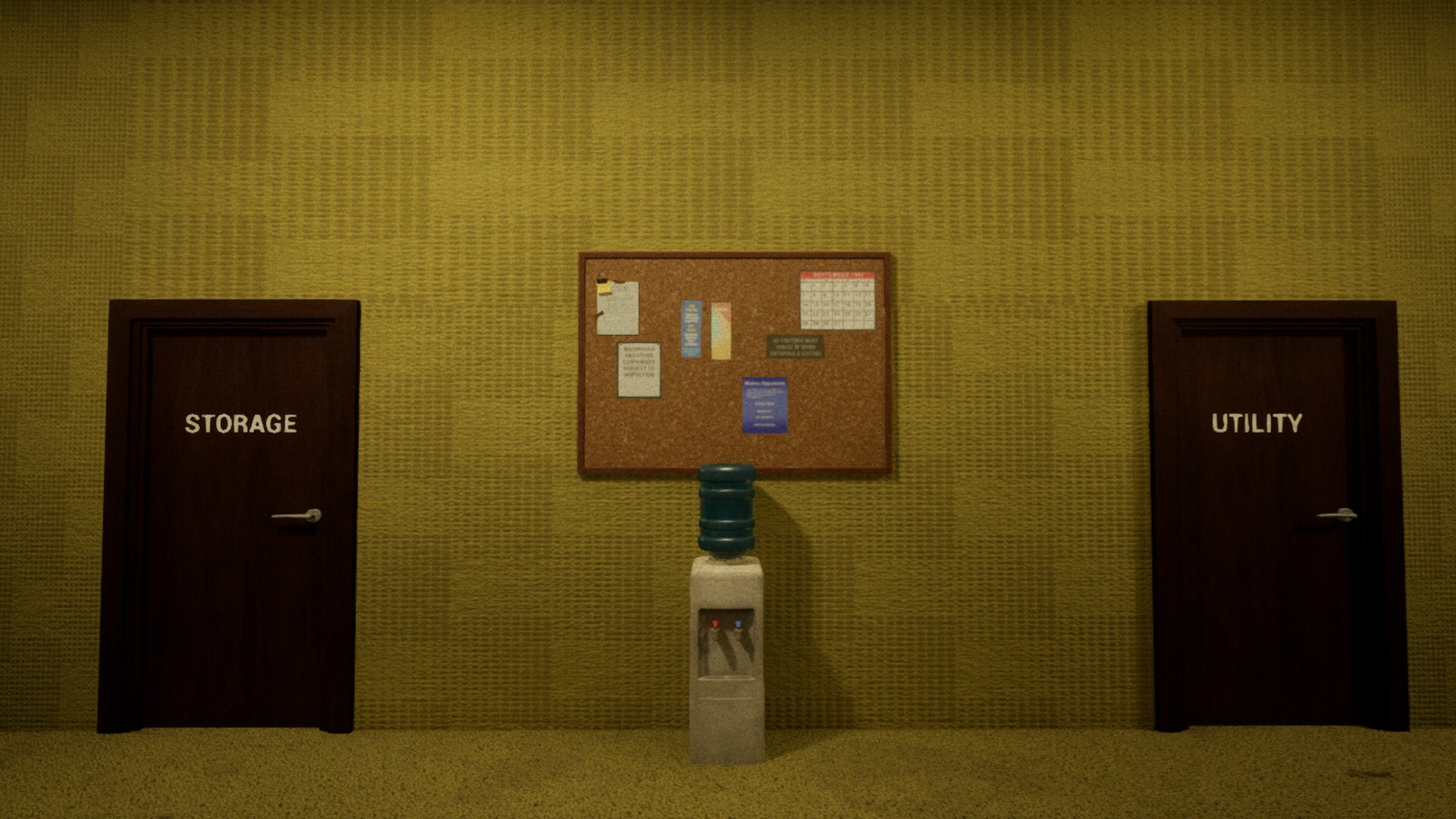Storage와 Utility 문이 나란히 놓인 Backrooms: The Anomaly 인게임 공간