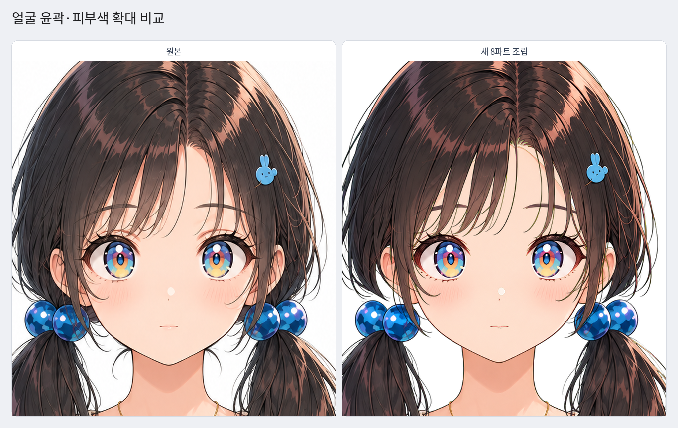 기준 원화와 새 8부품 조립의 얼굴 확대 비교