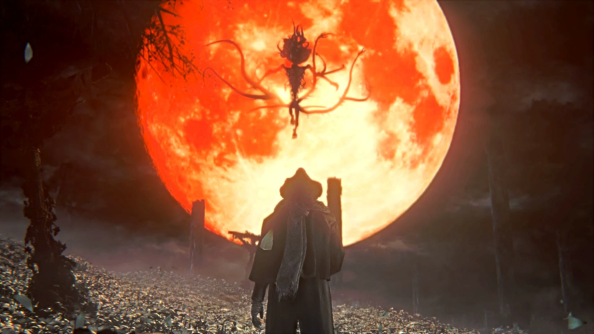 화면을 가득 채운 핏빛 달 앞에서 달의 존재가 사냥꾼을 향해 내려오는 Bloodborne 시네마틱 장면