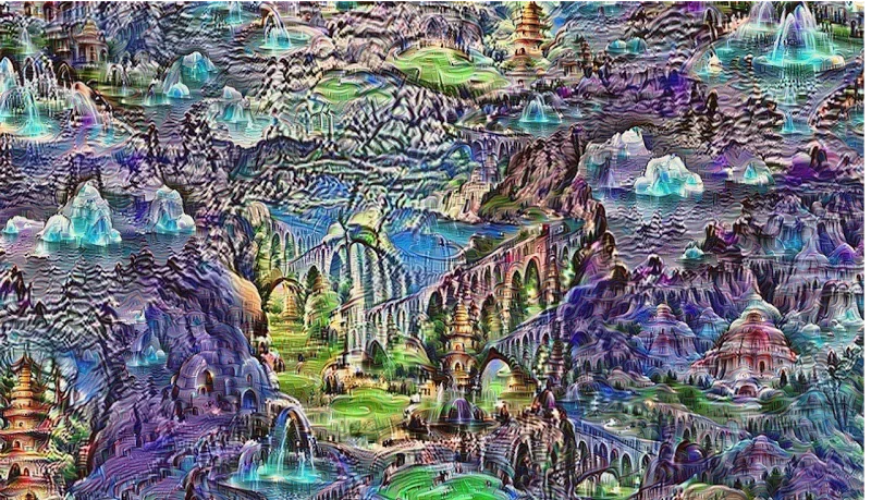 건축적 아치와 탑이 풍경 전체에 반복 증식한 DeepDream 이미지