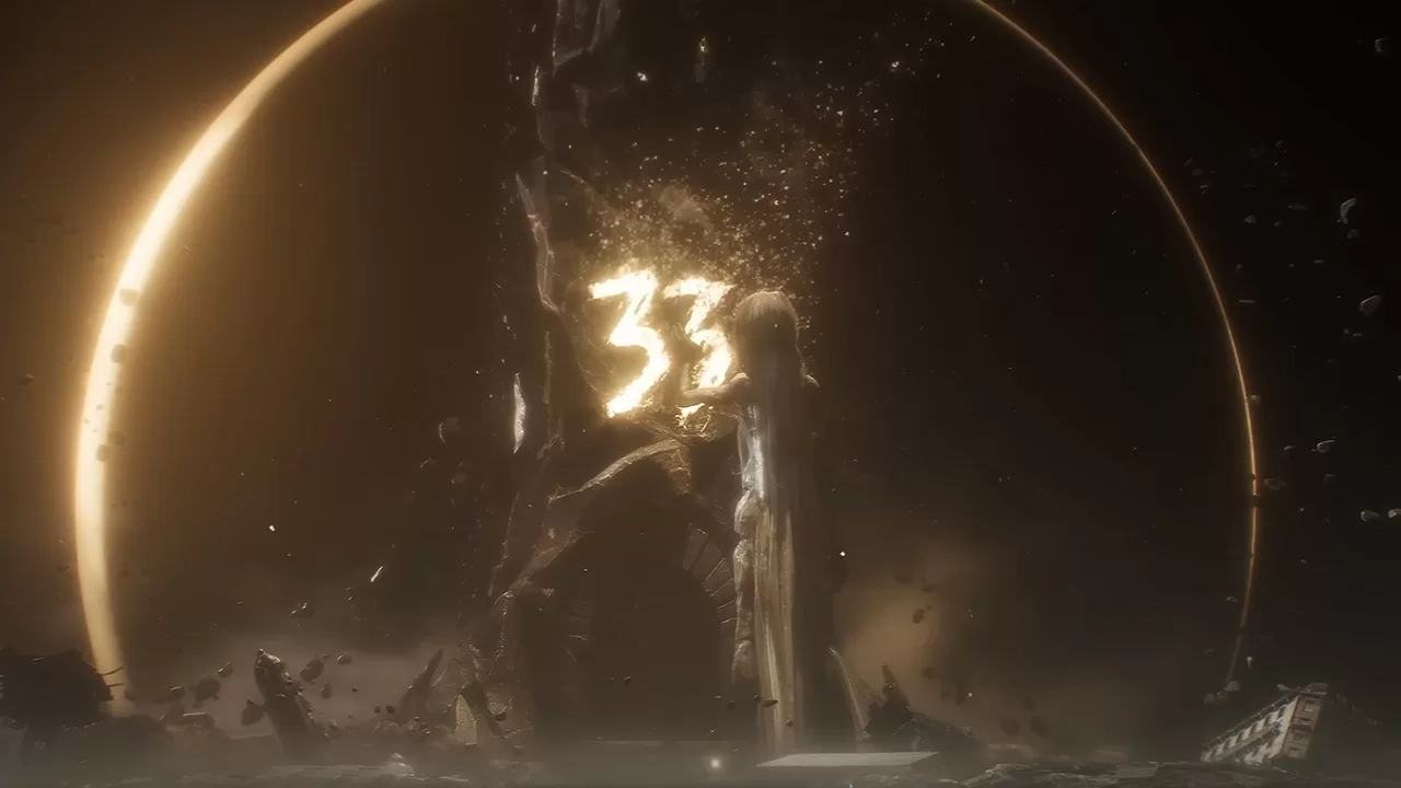 거대한 원형 빛 앞에서 페인트리스가 발광하는 숫자 33을 쓰는 Clair Obscur: Expedition 33 장면